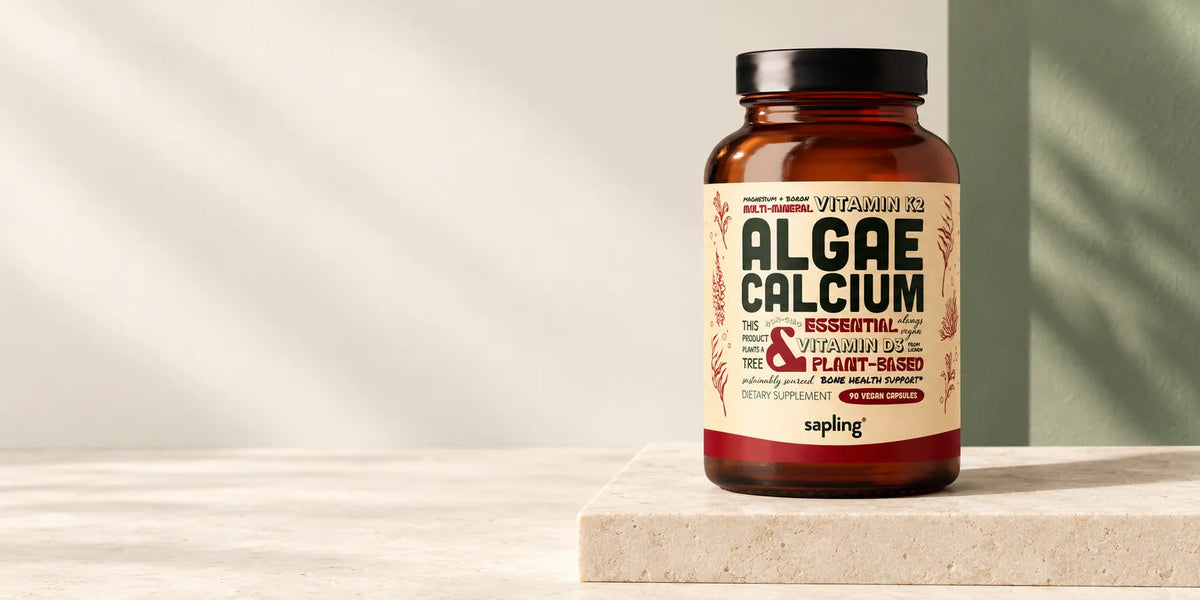 Sapling Algae Calcium bottle on a stone platform