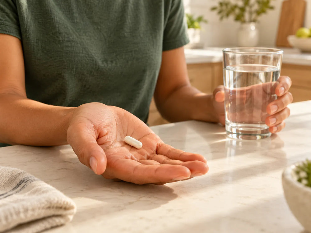 A capsule in an open palm next to a glass of water
