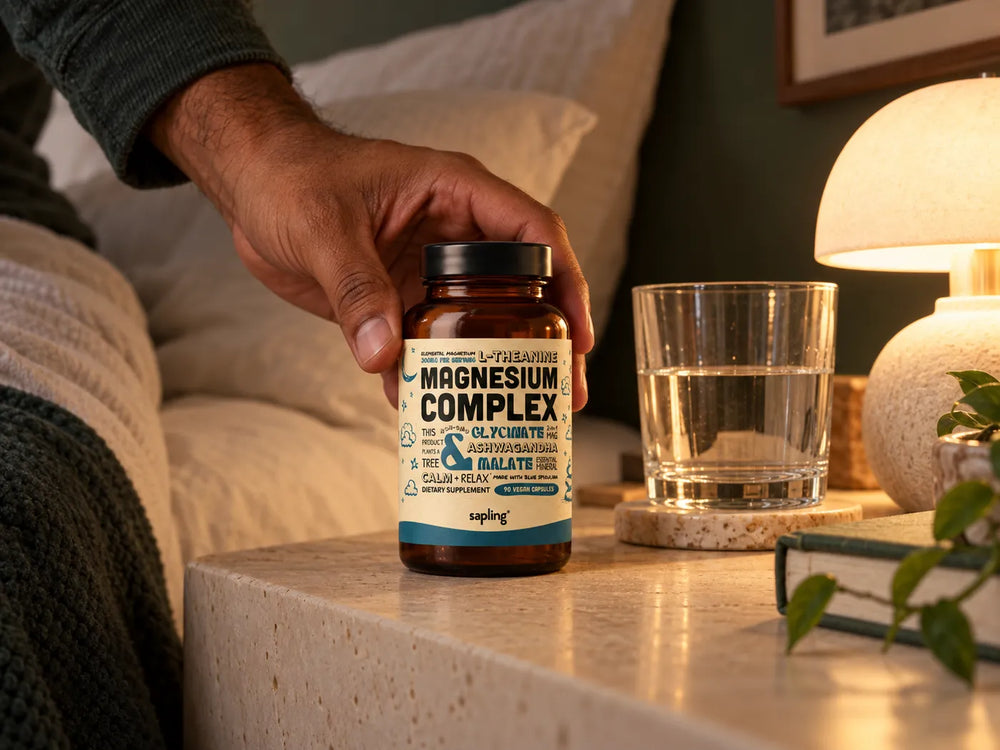 A hand reaching for Sapling Magnesium Complex on a nightstand