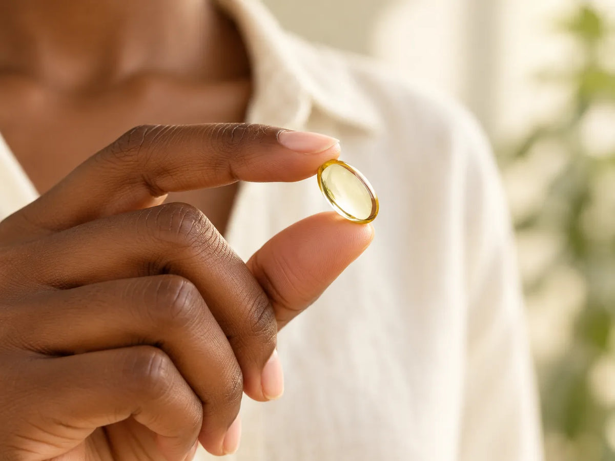 A golden vegan omega-3 softgel held between two fingers