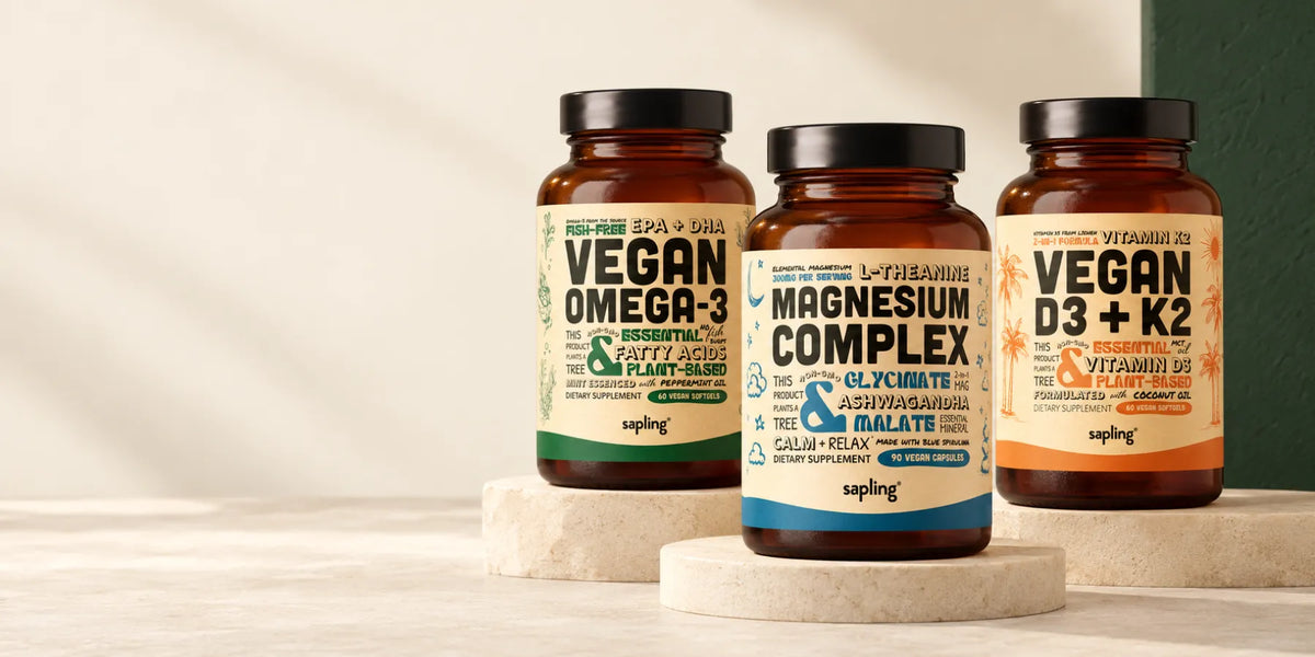 Sapling Vegan Omega-3, Magnesium Complex and Vegan D3+K2 on stone plinths